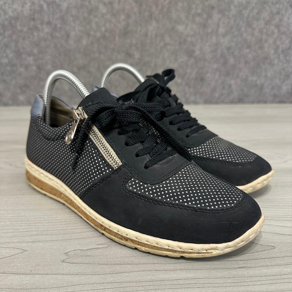 Rieker N5121 Trainers Womens 39 US 8 Black Perforated Side Zip Lace Up Cork
